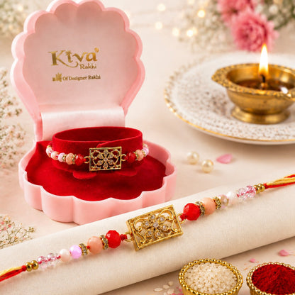 Rectangular AD Filigree Designer Rakhi for Brother with Pink Beads Gift