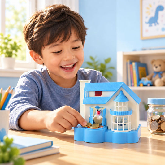A smiling boy places a coin on a blue and white house-shaped bank with a puppy figurine inside.