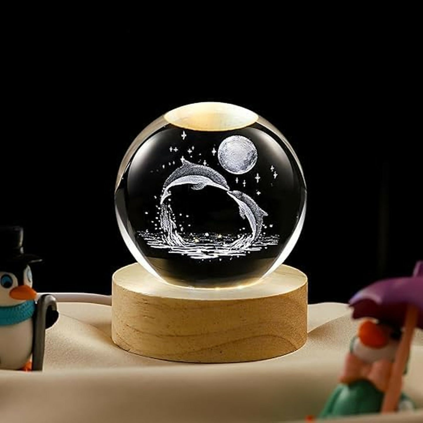 3D Dolphin Crystal Ball Night Lamp with Wooden Base Decorative Light