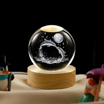 3D Dolphin Crystal Ball Night Lamp with Wooden Base Decorative Light