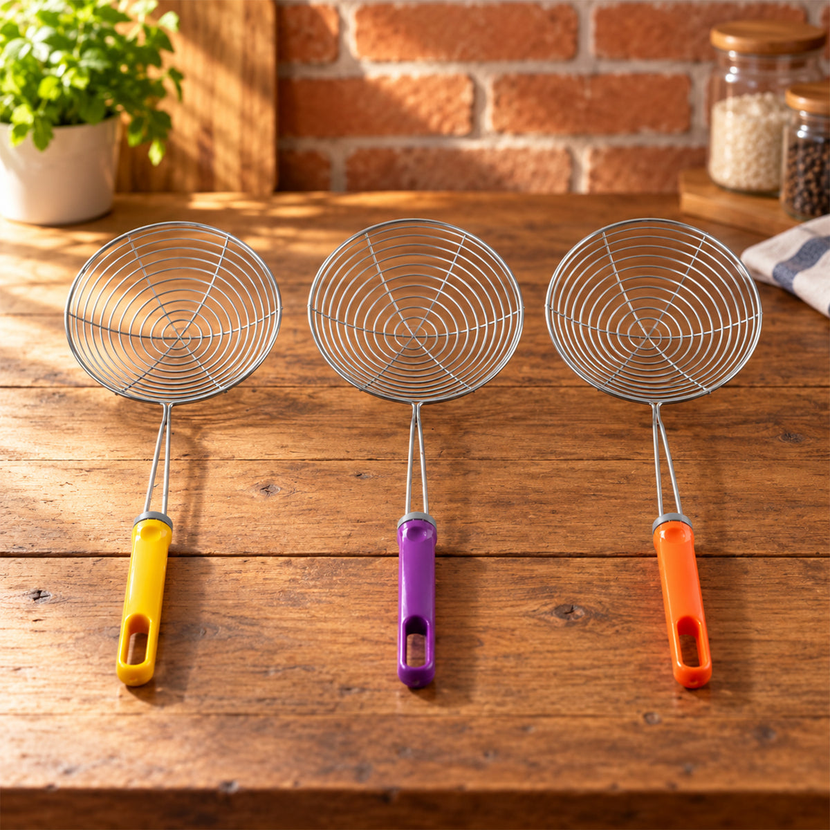 Stainless Steel Frying Strainer Spoons with Long Colour Handles (3 Pc)