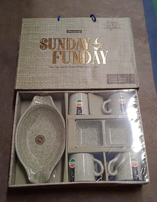 Sunday Funday Ceramic Tea / cups / Mug With Plastic Snacks Platter and 2 compartment Chutney Bowl Milk Cup, Coffee Cup, Breakfast Cup, Drinking Mug or Outdoor for Household, Gift for Birthday, Wedding Party (6 Pcs set)