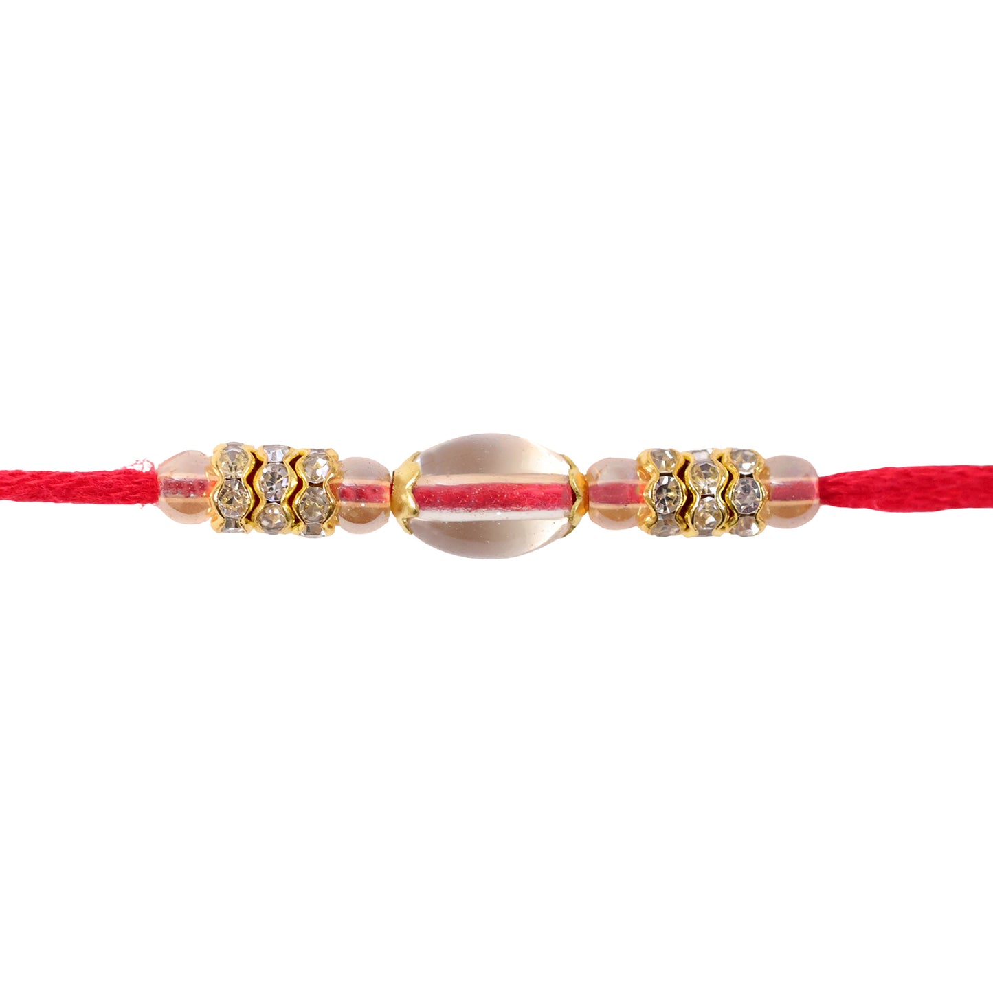Red Thread Rakhi with Oval Crystal Bead Pendant and Golden Finish