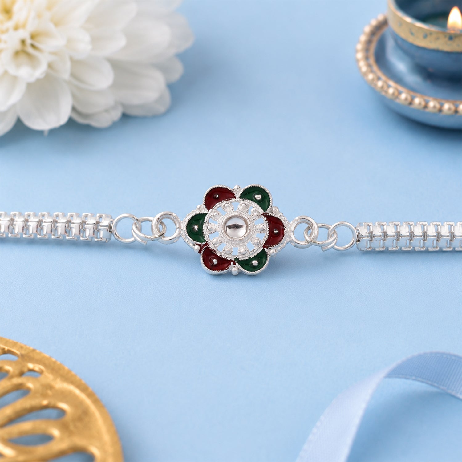 Buy Flower Rakhi for Brothers Silver Finish Mirror Stone (5pcs)