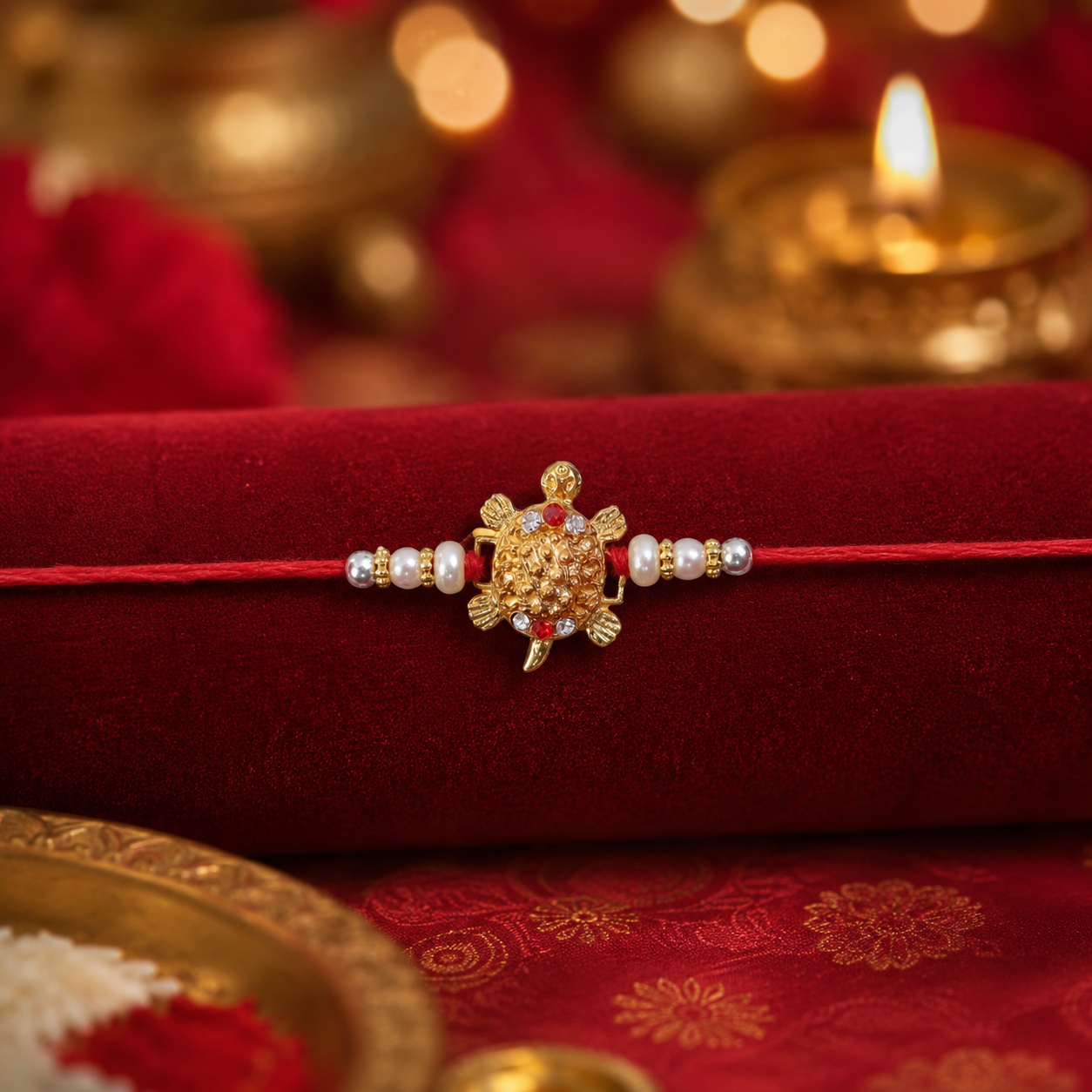 Gold Turtle Motif Rakhi with Pearl Sides and Classic Red Thread