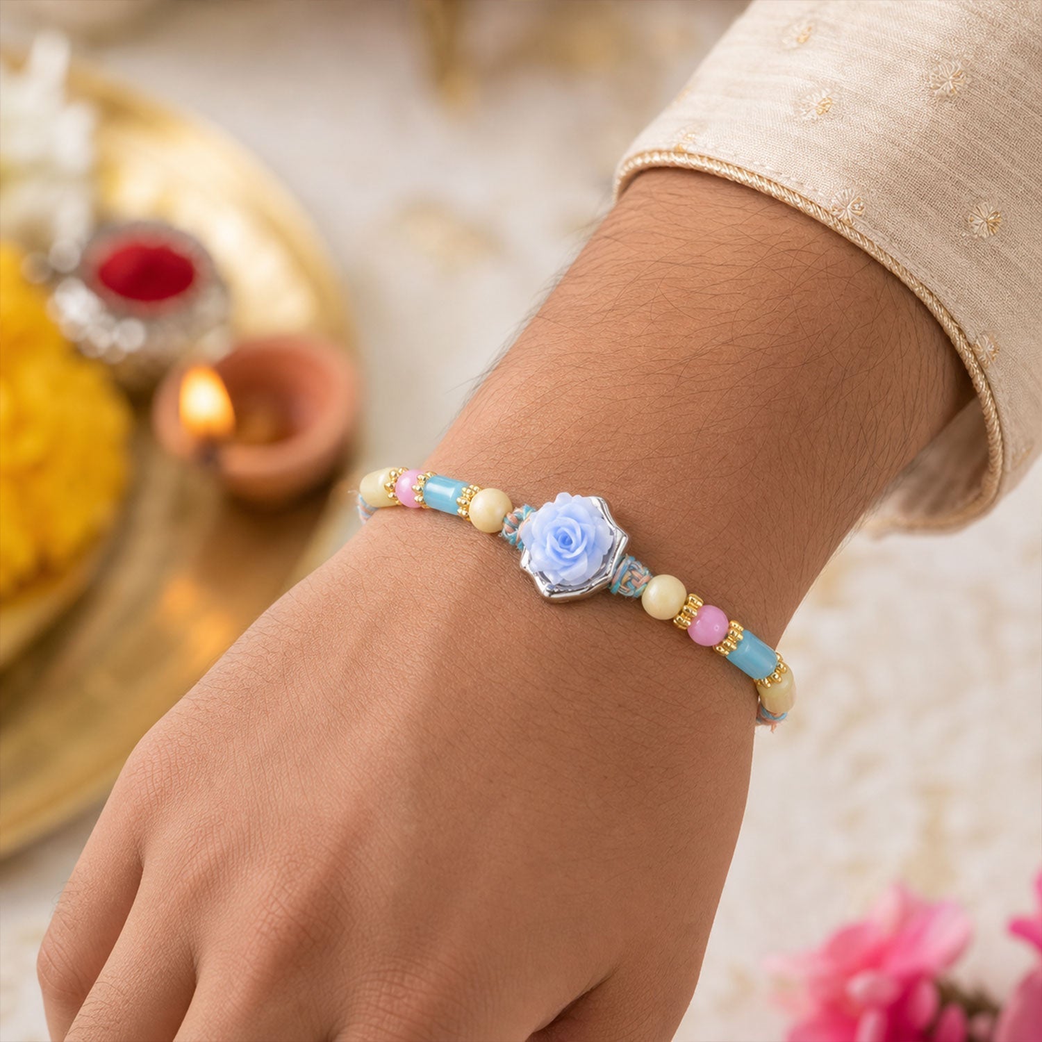 Rose Flower Rakhi for Brother Traditional Beaded Design (5pcs)