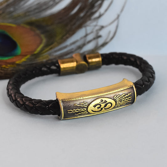 Om Charm Magnetic Gold Clasp, Black Leather Bracelet