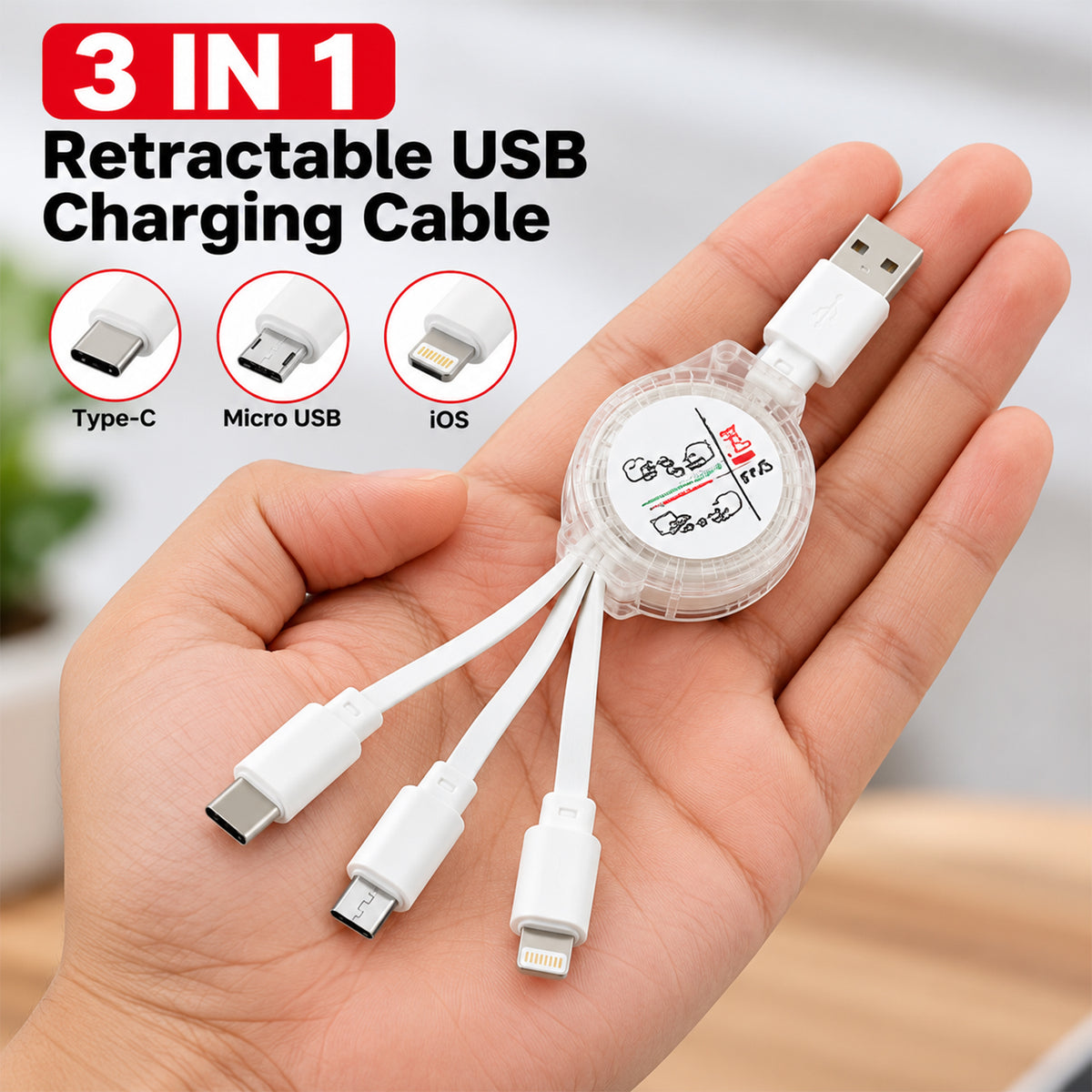 Retractable USB Charging Cable with Type-C, Micro USB and Lightning (3 in 1)