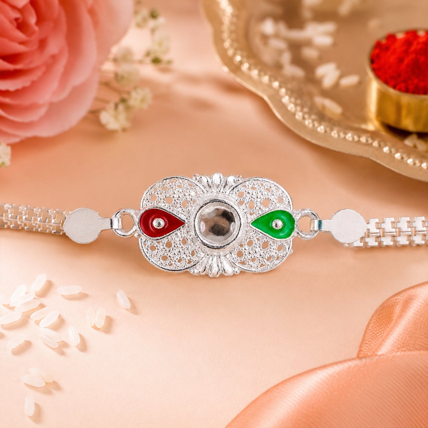Silver Rakhi Enamel Mirror Stone Design for Brother (10pcs)