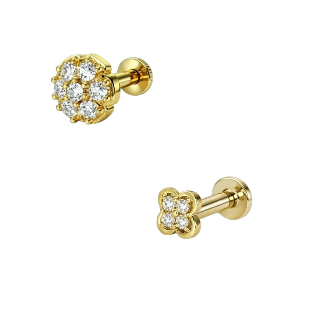 Pair of gold plated sparkling floral clover nose studs showcasing diamond-like shimmer