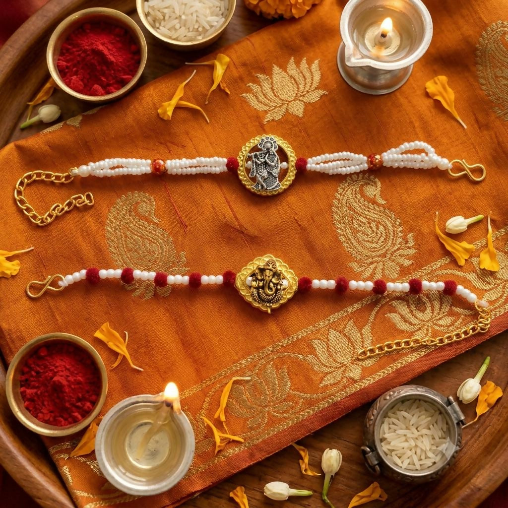 Premium Radha Krishna & Ganesh Designer Rakhi Set with Pearl Beads for Bhai - 2 rakhi side angle for festive gifting rakhi