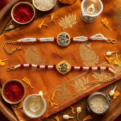Premium Radha Krishna & Ganesh Designer Rakhi Set with Pearl Beads for Bhai - 2 rakhi side angle for festive gifting rakhi