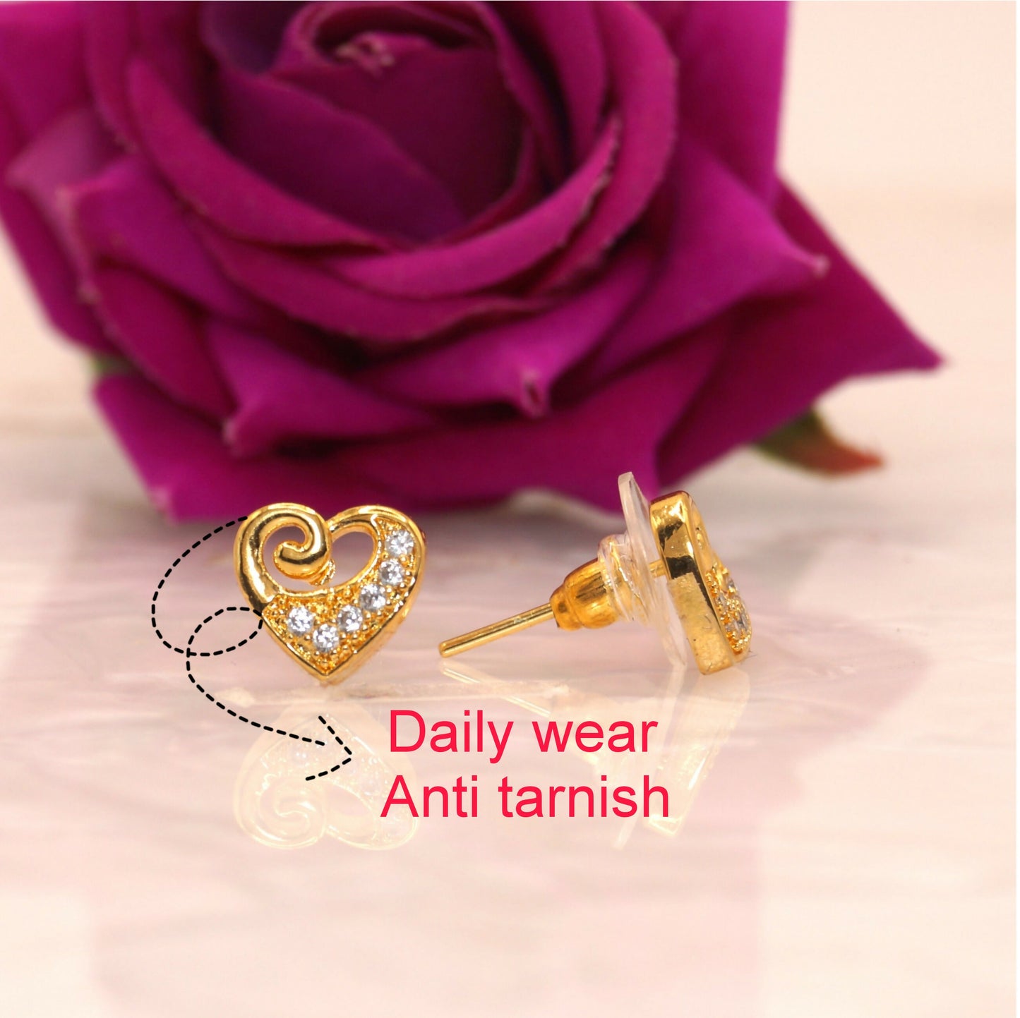 Gold-Plated Heart Stud Earrings with AD for women & girls