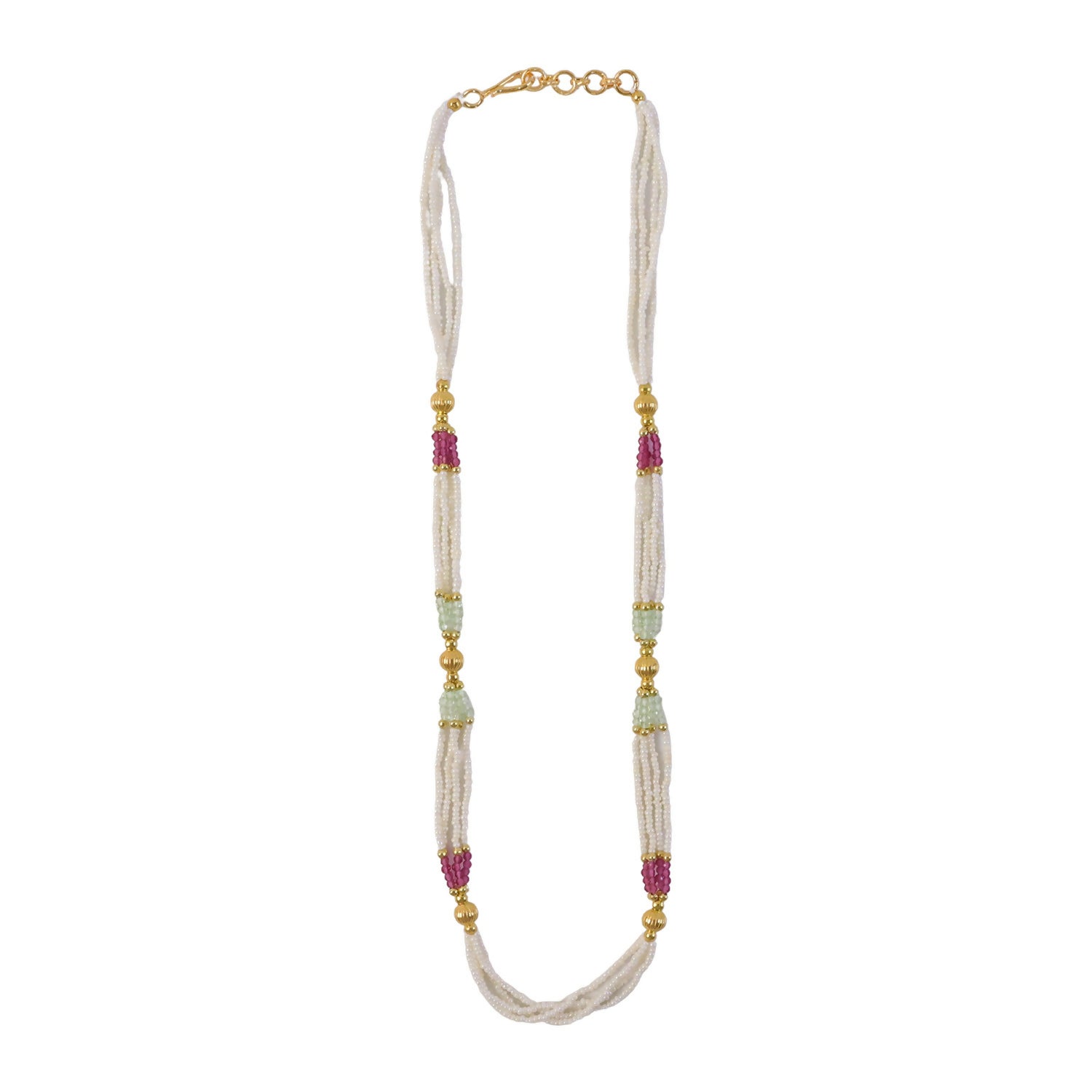 Mala necklace styled with ethnic outfit showing bead and gold details
