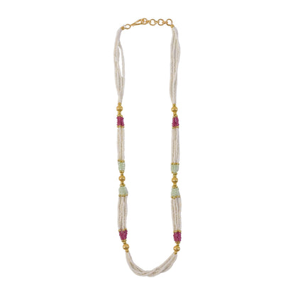 Mala necklace styled with ethnic outfit showing bead and gold details