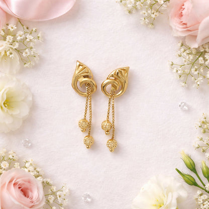 Graceful Flower Crown Gold Dangle Earrings with Bead Drops and Chains (2 Pair)