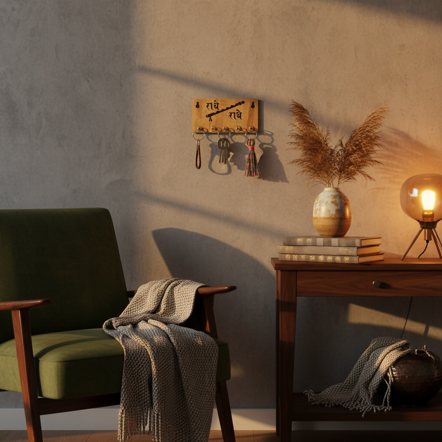 Radhe Radhe Wooden Key Holder for Wall – Krishna Devotional MDF Key Organizer with Flute Design