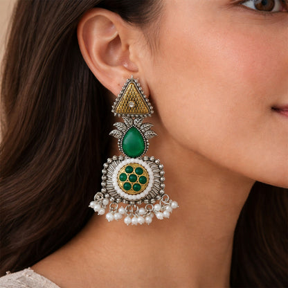 Elegant Oxidized Silver Earrings with Green Stone & Pearl Drop Fringe