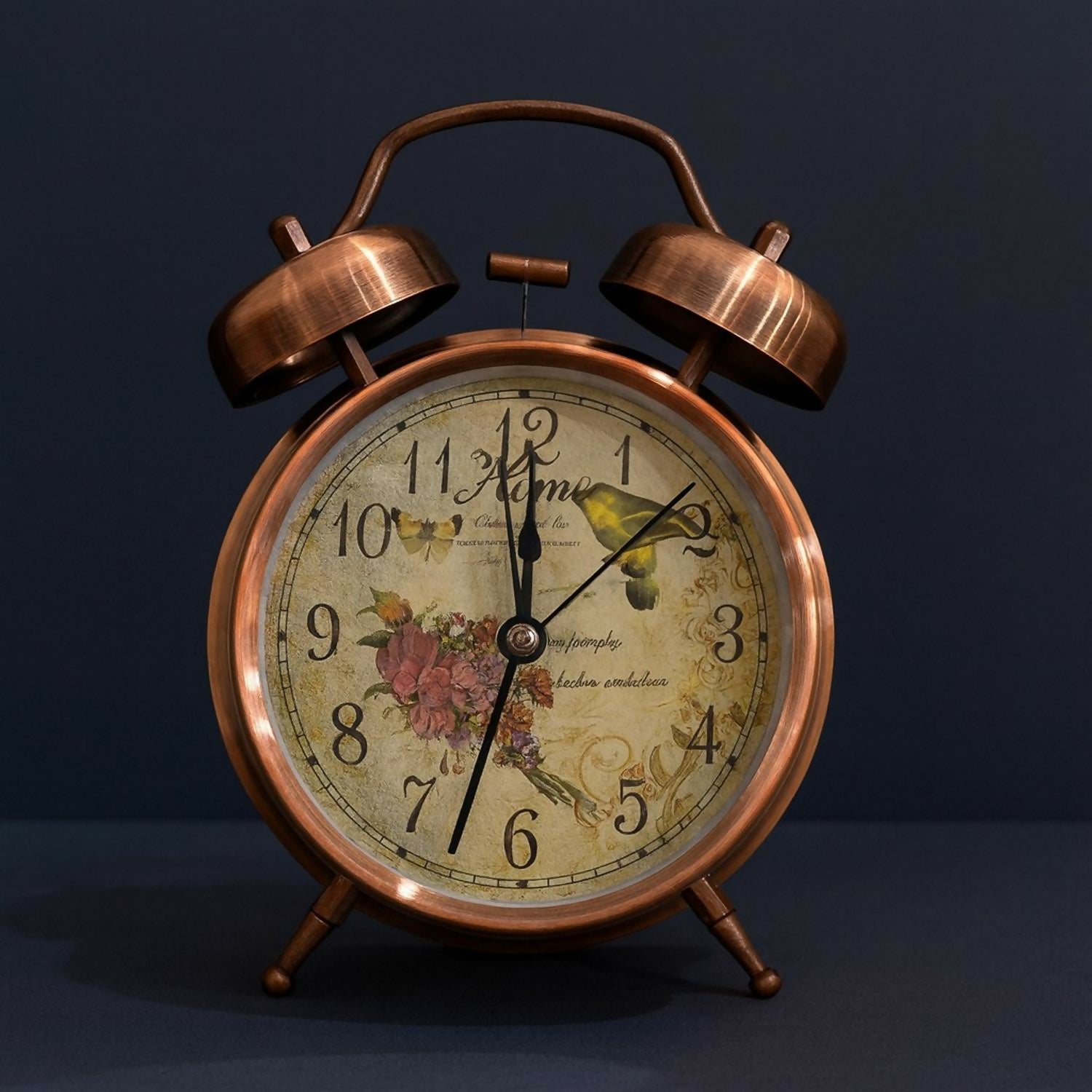 Vintage Bronze Twin Bell Alarm Clock with Loud Ringer | Retro Classic Bedside Table Clock with Antique Floral Dial & Metal Frame | Battery Operated Analog Clock for Home, Bedroom, Office & Gifting