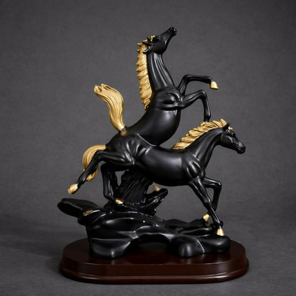 Side angle of Black Gold Dual Horse Statue showing details