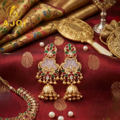 White Kundan Floral Jhumka Earrings with Stone Work Traditional Ethnic Design