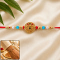 Golden Shri Ram Rakhi – Elegant Blue Pearl Beads & Devotional Design