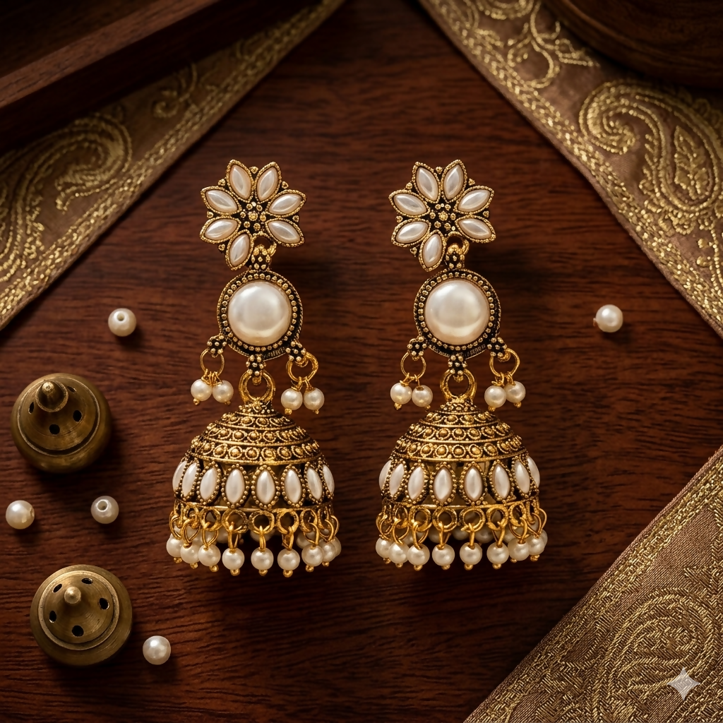 Oxidised Pearl Jhumka Earrings with Ruby & Black Stones