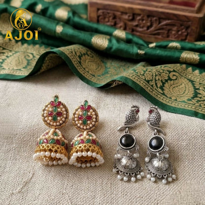 Traditional Jhumka & Oxidized Peacock Earrings Set of 2