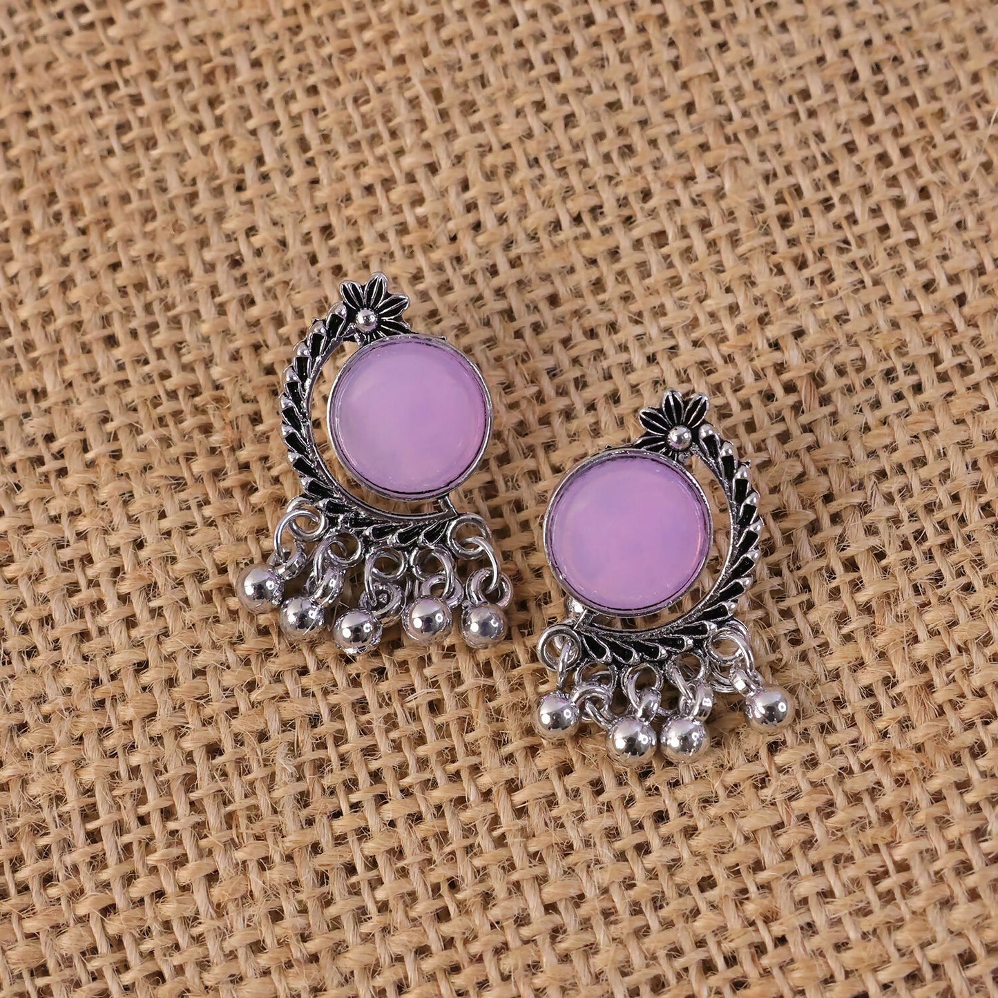 Oxidized silver earrings showing delicate silver-toned beads