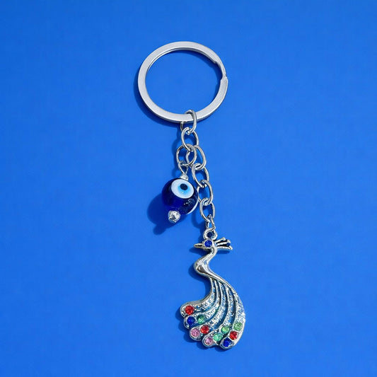 Peacock Evil Eye Keychain with Multicolour Stones for Car Keys & Bags
