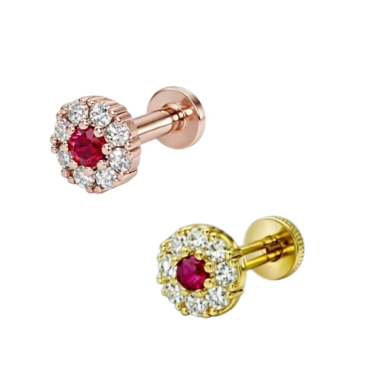 Combo pack of two ruby halo nosepin studs in gold and rose gold