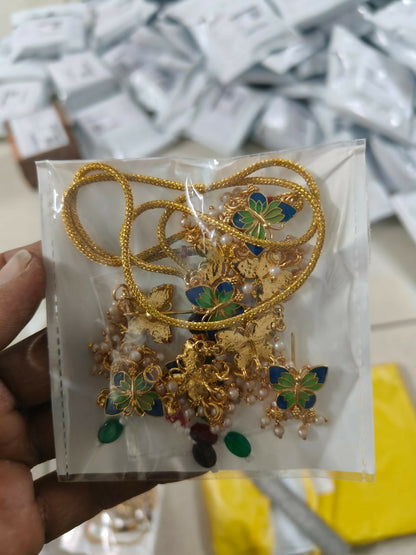 Vibrant Enamel Butterfly Choker Necklace Set with Pearl Drops