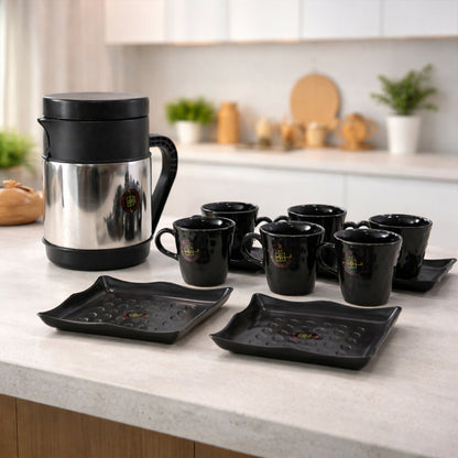 Premium Stainless Steel Tea & Coffee Serving Set with 6 Cups and Tray Set for Home & Office