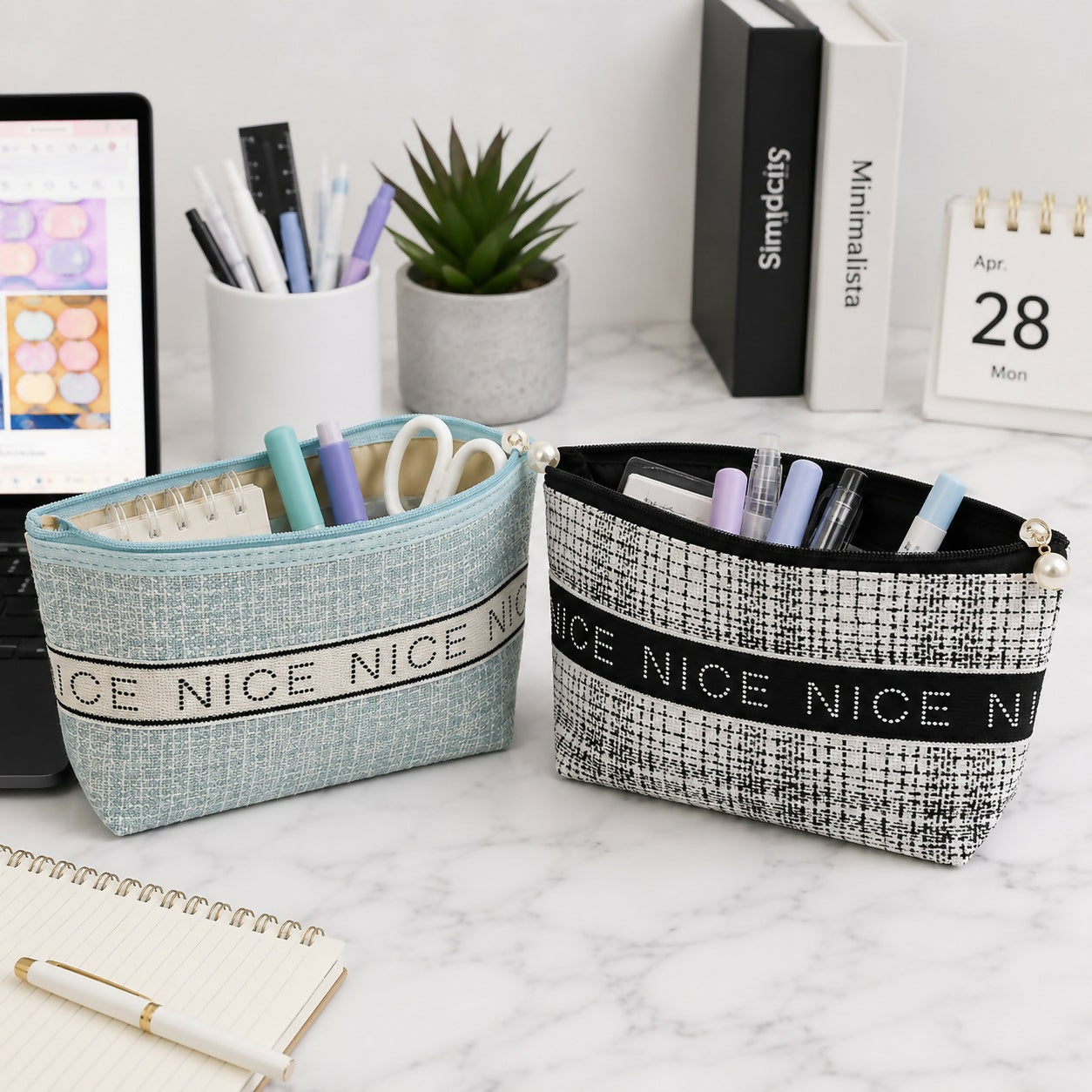 Compact makeup organizer pouch open with contents