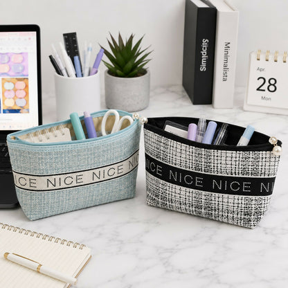 Compact makeup organizer pouch open with contents