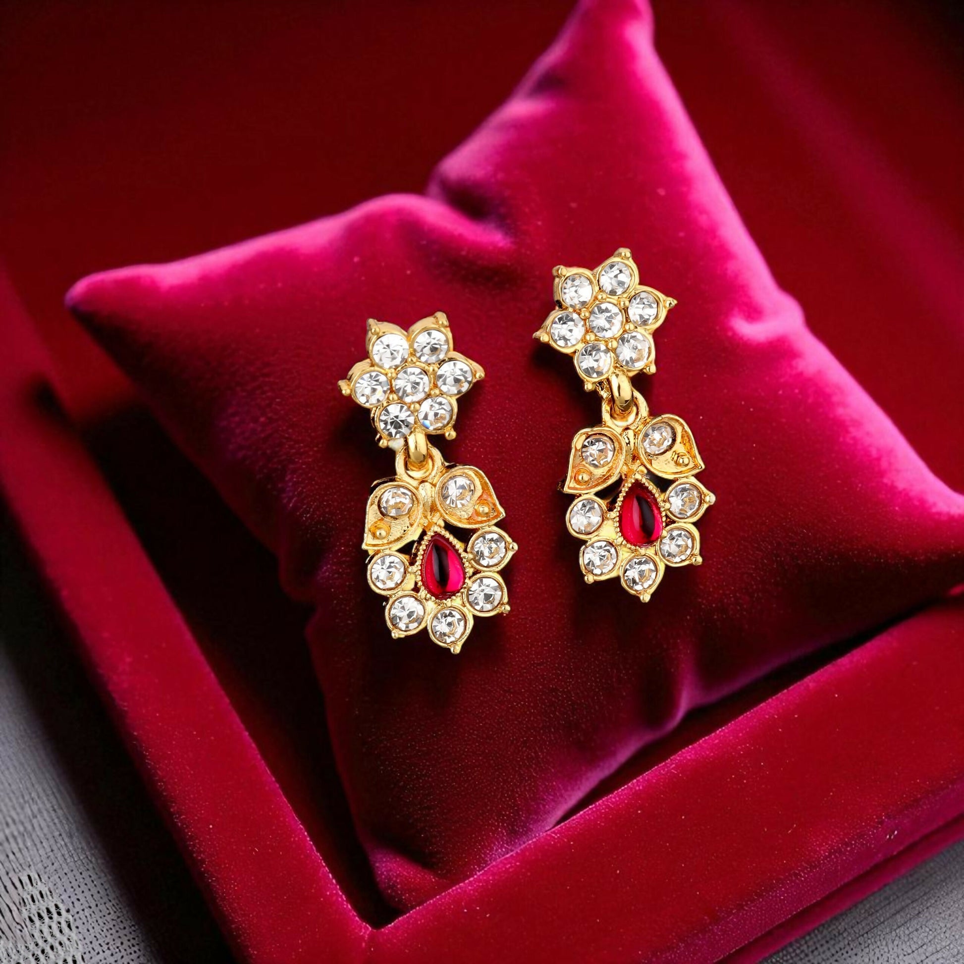 Traditional Gold-Toned Ruby & American Diamond Floral Set
