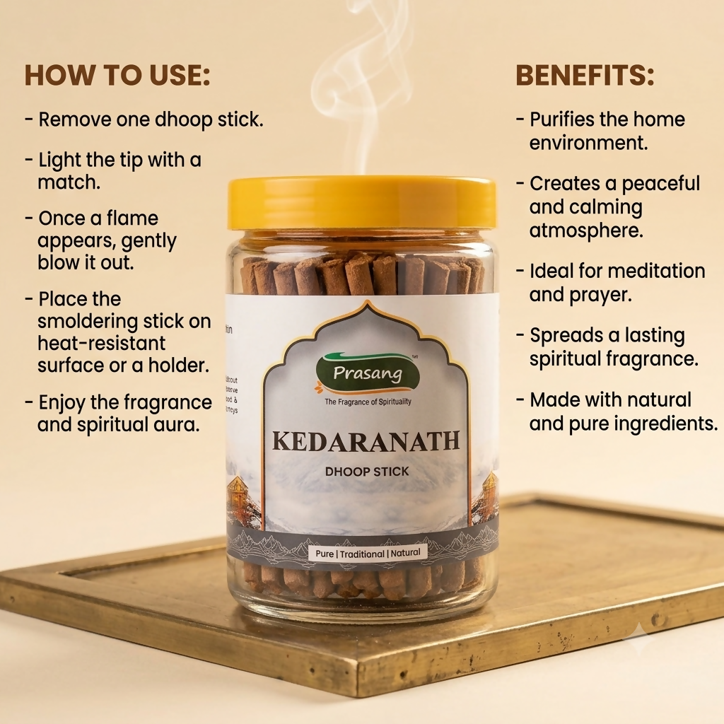 A clear jar of brown dhoop sticks with a yellow lid, with text describing how to use and benefits.