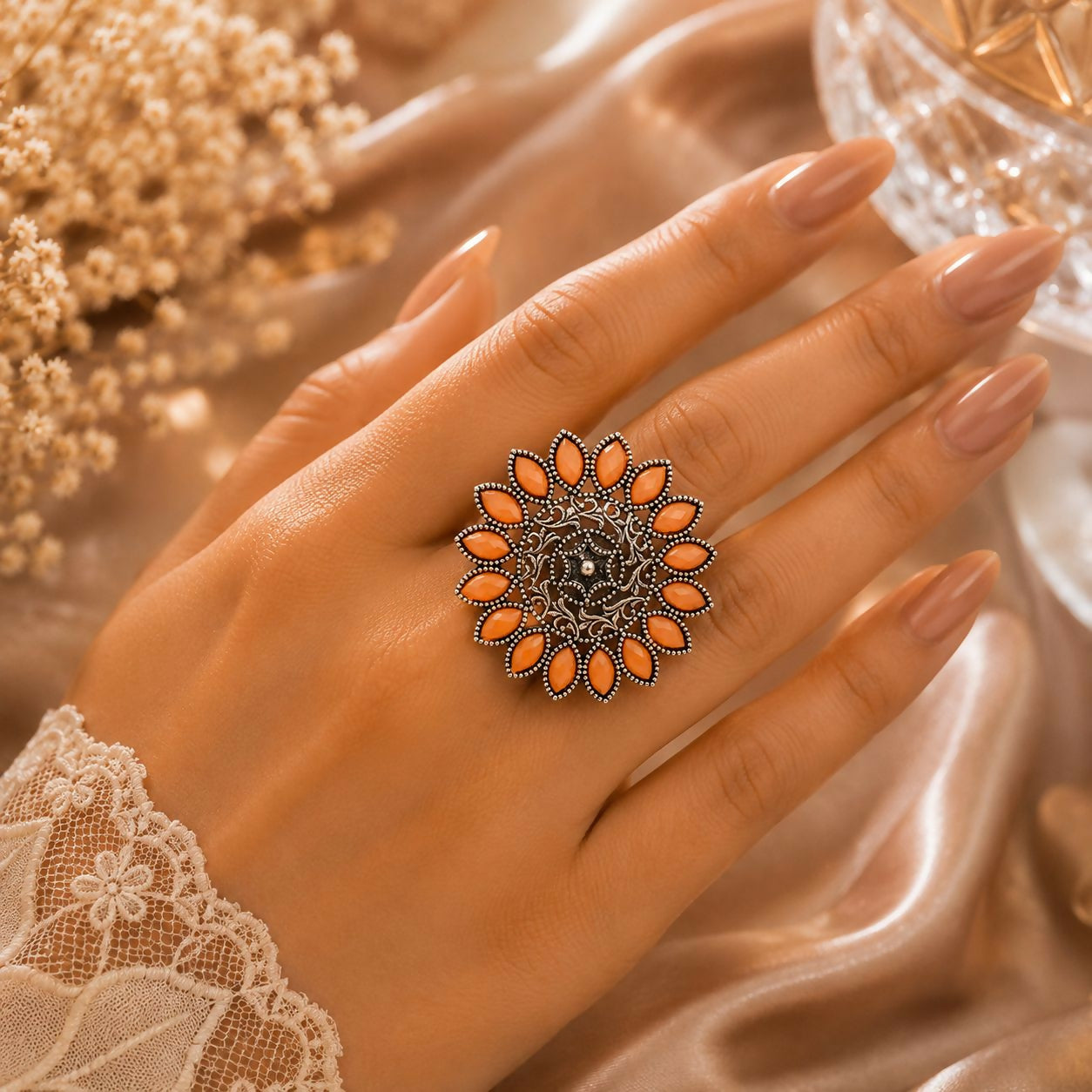 Vintage Orange Stone Floral Statement Ring for Women | Elegant Party Jewellery