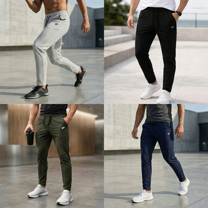 Green men's 4-way stretch sports track pants for gym and casual wear