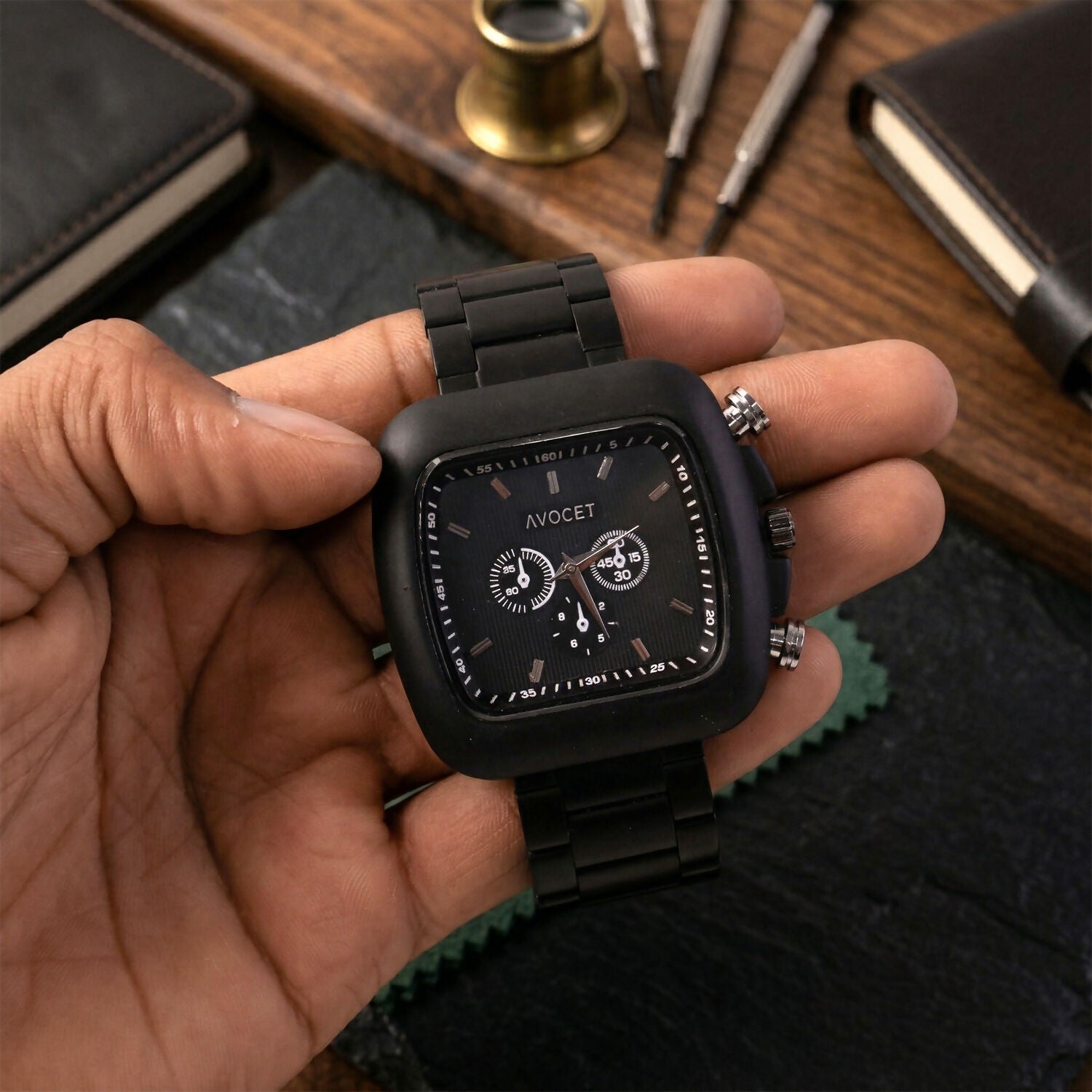 Matte Black Square Dial Metal Strap Analog Wrist Watch for Men