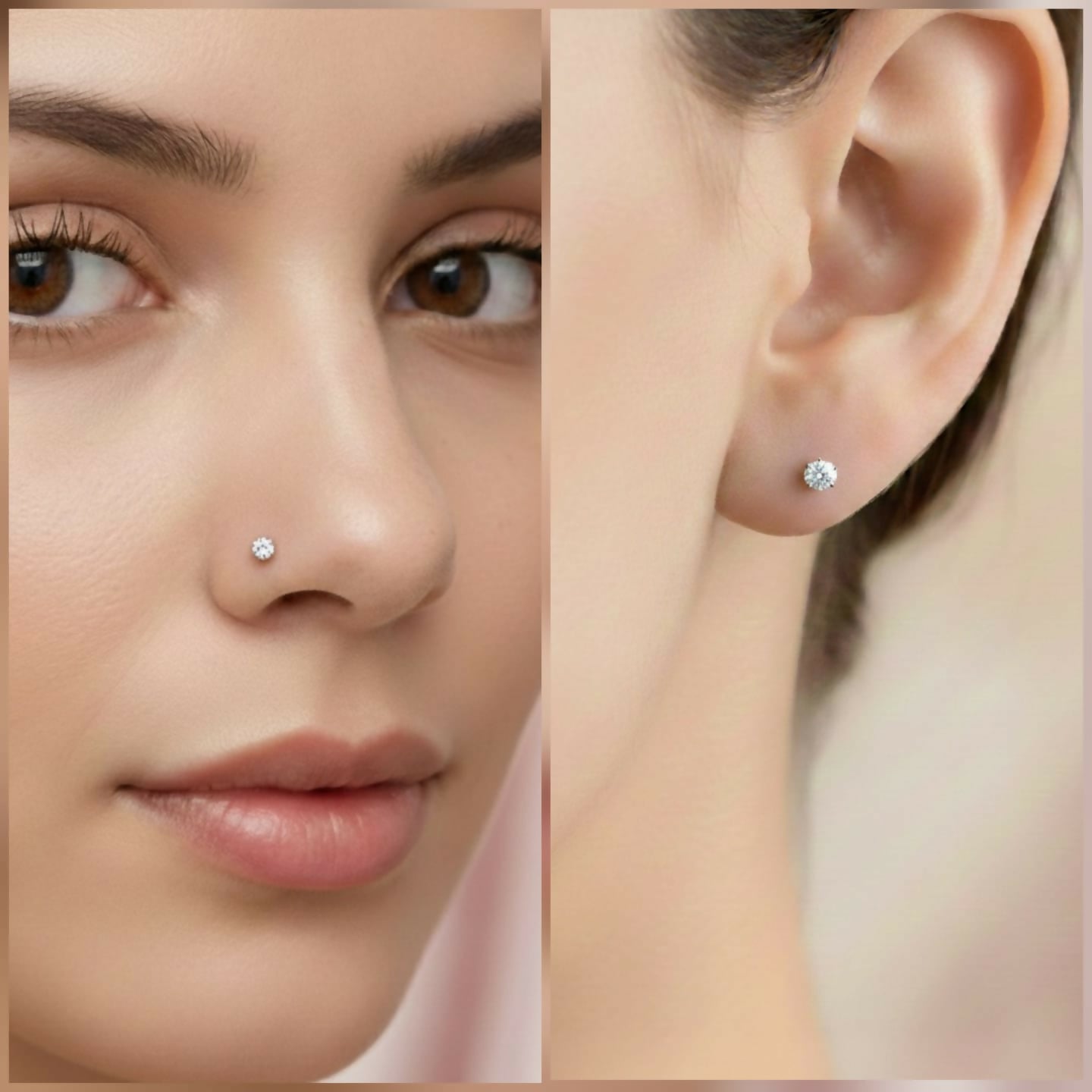 Set of three nose stud labret piercings in gold, silver, and rose gold finishes