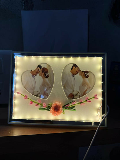 Romantic LED Light Wedding Photo Frame for Couple | Dual Photo Display Frame with Heart Centerpiece & Golden Rings | Anniversary, Valentine, Marriage, Bedroom Decoration Gift | USB Powered Elegant Love Photo Frame for Home Décor