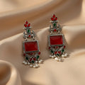 Oxidised Silver Peacock Earrings with Red Green Stones and Pearl Drops for Women