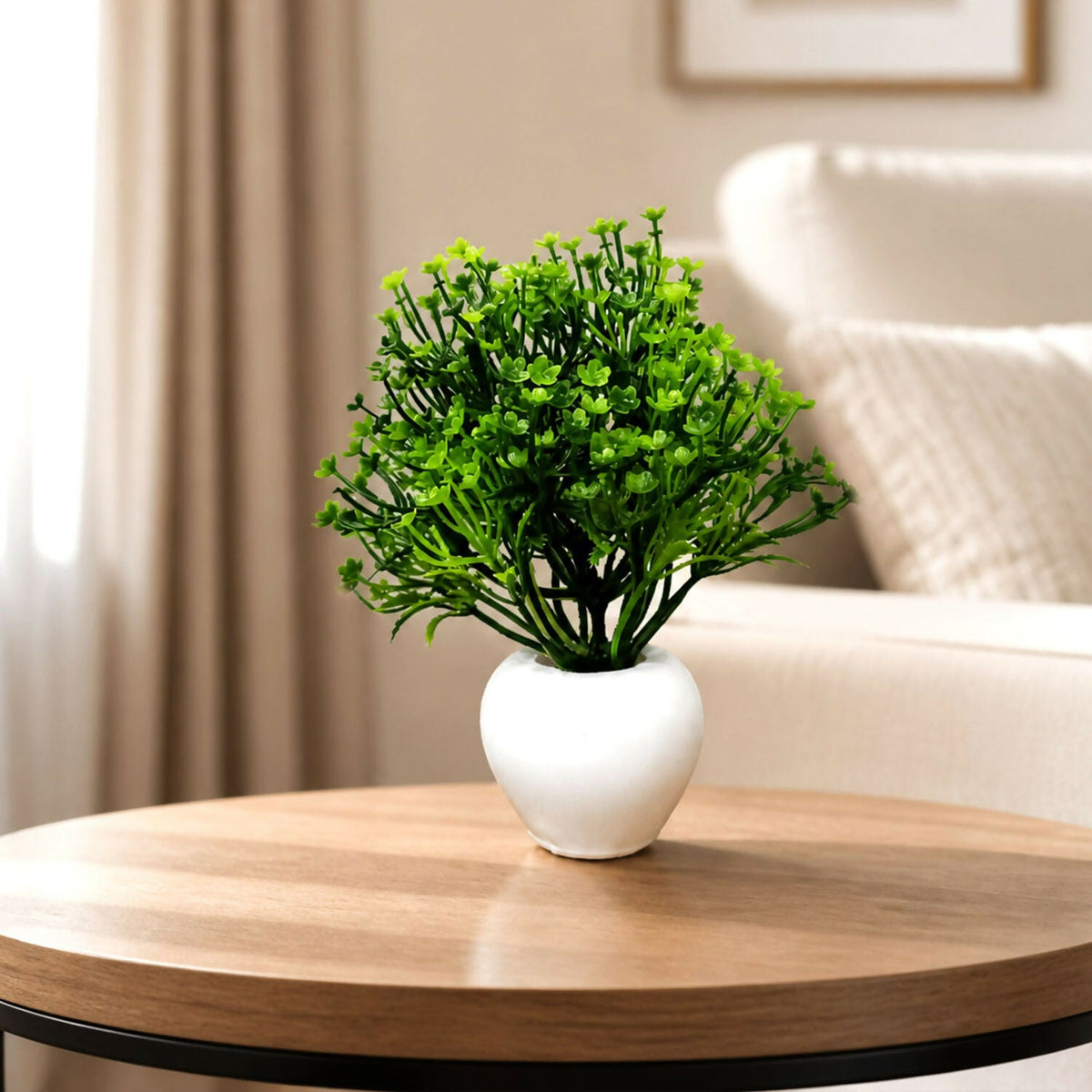 Artificial Green Baby Flower Plant with White Round Pot for Home Office Table Decor