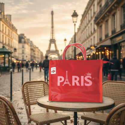 Multicolor Paris Reusable Shopping Bag with Eiffel Tower Print – Foldable Eco Tote Bag with Zipper & Handles – Durable Travel, Grocery, and Everyday Carry Bag