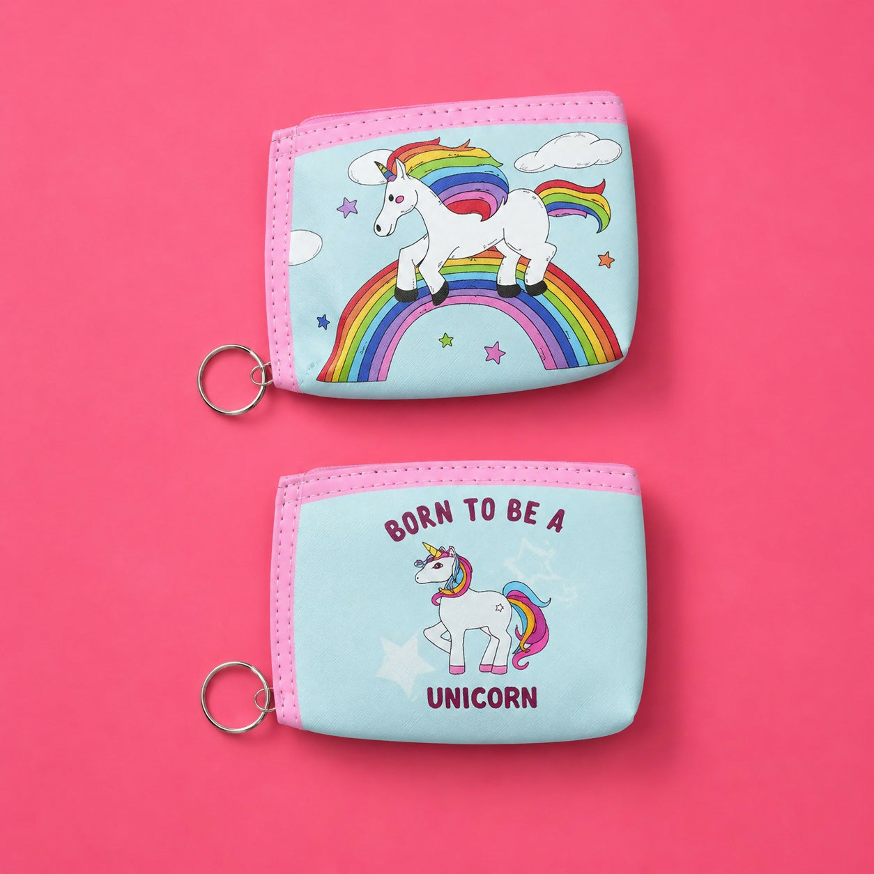 Durable unicorn print pouch with metal keychain ring