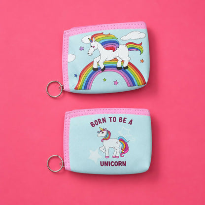 Durable unicorn print pouch with metal keychain ring