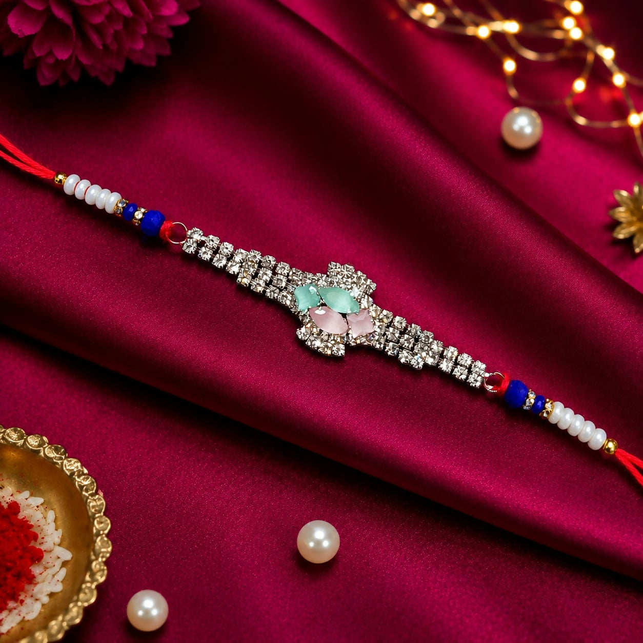 A crystal floral designer Rakhi with blue beads and red thread rests on a deep red satin cloth, surrounded by pearls and