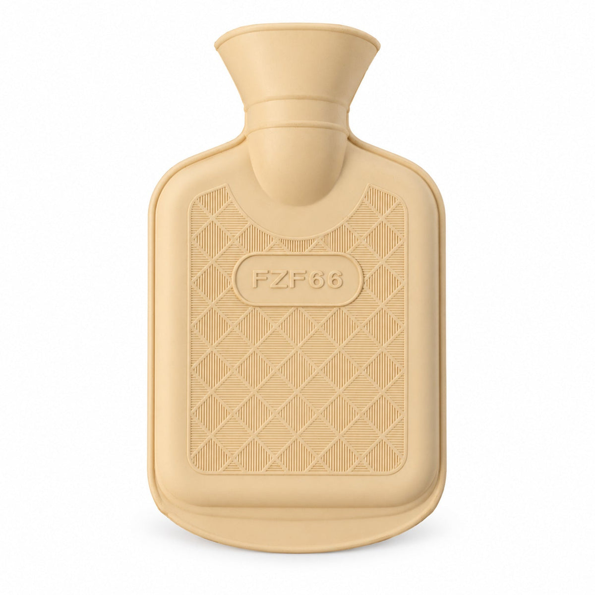 A cream rubber hot water bottle with a textured diamond pattern on a white background.