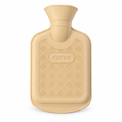 A cream rubber hot water bottle with a textured diamond pattern on a white background.